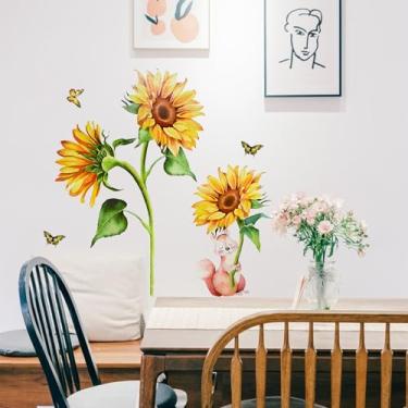 Imagem de Decalque de parede de girassol e esquilo para sala de estar, berçário, quarto, TV, sofá, decoração mural para decoração de outono, feriados, quarto, sala de estar, decoração de parede