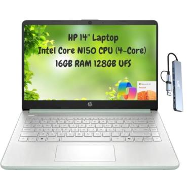 Imagem de HP Laptop estudantil portátil 14 fino 2025, HD de 14 polegadas, Intel N150 de 4 núcleos, 16 GB de RAM, 256 GB de armazenamento (128 GB UFS + 128 GB microSD), 1 ano de escritório 365, Wi-Fi 6, HDMI