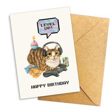 Imagem de Cartão de feliz aniversário Cat Gamer Level Up – Presente engraçado de aniversário de jogador para amante de gatos, amigo jogador, namorado, namorada – conquista de nível, tema de gato, mensagem de