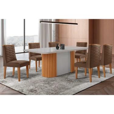 Imagem de Sala Jantar Mesa Pilar Curvo 180cm + 6 Cadeiras Dafne Madeira Naturale/Off White - Capuccino/Suede Marrom - Rufato