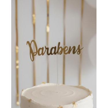 Imagem de Topo de Bolo Parabéns Dourado em Papel Espelhado Decoração Festa Anive