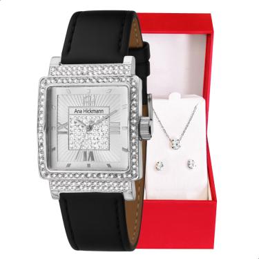 Imagem de Relógio Feminino Champion Ana Hickmann Couro Preto AH28446Q Colar e Brincos