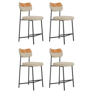 Imagem de Kit 04 Banquetas Médias Cozinha Lila Estofada Couríssimo Whisky Linho Bege - Abmaza