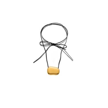 Imagem de AIETUE Colar feminino com pingente de pedrinhas de ouro grosso, minimalista, boêmio, pingente de coração de feijão, ajustável, cordão preto, joia que não mancha, presente, Large, Metal Couro, Sem