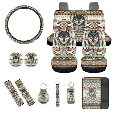 Imagem de gearider Conjunto completo de capas de assento de carro Wolf com capa de volante, protetores de cinto, porta-copos para console central, chaveiro asteca do sudoeste, suporte para chapstick, 13 peças