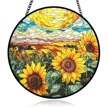 Imagem de Pendurado em janela de vitral de girassol, decoração de painel de apanhador de sol de flores, ornamento floral amarelo, enfeite de vidro de girassol, decorações de festa de aniversário, enfeite de