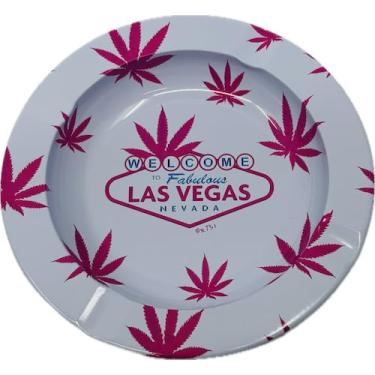 Imagem de Cinzeiro de metal de Las Vegas com design de folha de cannabis rosa, tema bem-vindo ao tema Nevada, acessório redondo para fumar estanho
