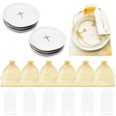 Imagem de MLCLL 18 peças de lembrancinhas cristãs de batismo para meninas – Inclui 6 pratos de joias cruzadas, 6 sacos de presente, 6 etiquetas de agradecimento – lembrancinhas de festa de primeira comunhão