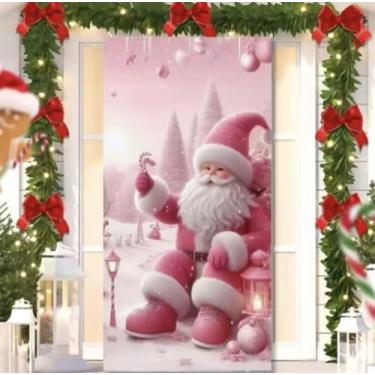 Imagem de Capa para Porta Feliz Natal Rosa com Elástico – Painel Decorativo Feliz Papai Noel Tecido Premiun (2,10 Cms X 0,85 Cms) (11)