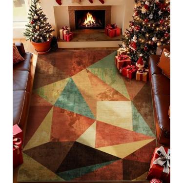 Imagem de YIHOUSE Tapete laranja 15 x 23 cm para sala de estar, tapete geométrico laranja queimado antiderrapante, tapetes de fazenda lavável, tapetes vintage vinho para quarto, tapete boho para cozinha, sala