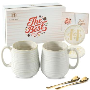 Imagem de HASENSE Conjunto de 2 canecas de café, xícaras de café de cerâmica de 590 ml para homens e mulheres, caixa de presente de chávenas grandes premium com porta-copos e colher dourada, canecas de casal