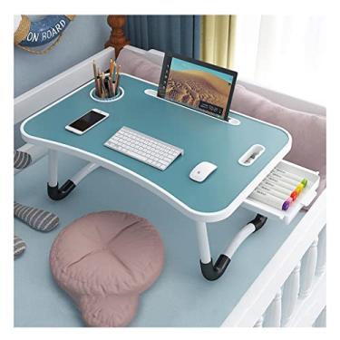 Imagem de Mesa multifuncional para laptop, pernas dobráveis/suporte de copo/gaveta de armazenamento/alça/suporte para mesa de bandeja de cama ranhurada, leitura de trabalho (azul 59,9 cm)
