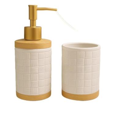 Imagem de Kit Banheiro de Cerâmica 2 Peças – Dispenser Porta Sabonete Líquido e Porta Escova de Dente | Ideal para Lavabo e Decoração Elegante(TIJOLINHO BRANCO)