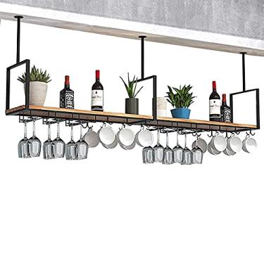 Imagem de Prateleiras de teto para taças de vinho, prateleiras flutuantes modernas, cabide de vinho de madeira de ferro, rack de bar de cozinha suspenso, suporte decorativo, prateleira de armazenamento, 120 x