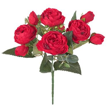 Imagem de Simulação de flores de peônia artificiais, buquês de casamento de rosas florais falsas, flores de seda, buquê amarrado à mão, guirlanda rosa branca para decoração de flores artificiais (Cor: Vermelho
