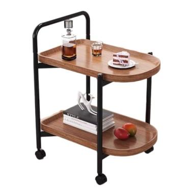Imagem de Mesa de centro redonda de 2 camadas de madeira rústica com prateleira aberta de armazenamento, pequena mesa de centro móvel, prateleira de armazenamento com alça arredondada, carrinho de 2 camadas