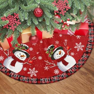 Imagem de Saia vermelha para árvore de Natal Feliz Natal, 91 cm, xadrez, com cadarço, para inverno, boneco de neve, floco de neve, tapete de árvore de Natal, decoração para Natal, casa, festa, festa, ambientes