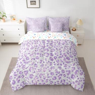 Imagem de Feelyou Jogo de cama casal de leopardo roxo claro, 7 peças, estampa de guepardo, cama em uma bolsa com edredom, lençóis, fronhas, capas de almofada, estampa de pele de leopardo, decoração de quarto