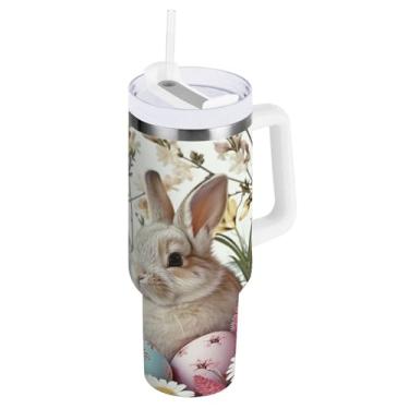 Imagem de ATTX Copo de coelho da Páscoa de 850 g com alça, copo de aço inoxidável a vácuo de parede dupla com palha, caneca de café de viagem isolada #438