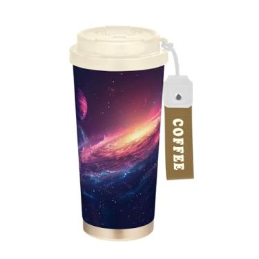 Imagem de SEHANY Caneca de viagem Galaxy Starry Sky de viagem de 500 ml Copos de café reutilizáveis revestidos de cerâmica com tampa à prova de vazamento, parede dupla, isolamento a vácuo, copo de café de aço