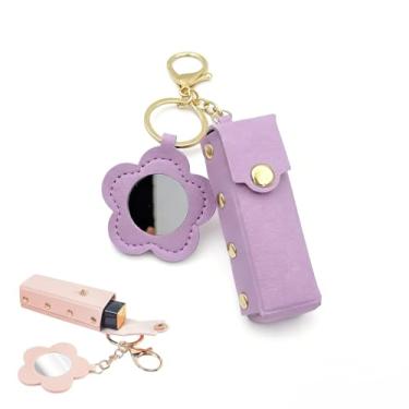 Imagem de Porta-chaves de batom portátil – Protetor labial espelhado em forma de coração, mangas protetoras de couro, suporte de batom para mulheres, viagens, armazenamento de maquiagem, Roxa, Estojo de batom