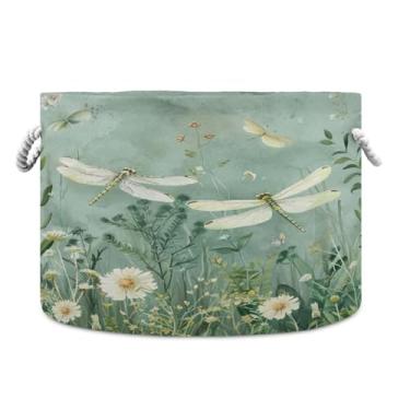 Imagem de Blueangle Cesta de armazenamento de libélula verde de 50,8 cm P x 35,5 cm de altura – cesto de roupa extra grande dobrável, organizador de brinquedos redondo e armazenamento doméstico à prova d'água