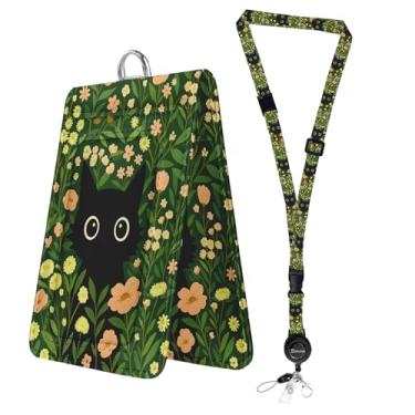 Imagem de Bolimoss Porta-cartões transparentes de gato preto dupla face para crachás, cordões de pescoço separáveis com carretel retrátil, lindo suporte de cartão floral ajustável com fecho de metal giratório