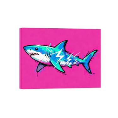 Imagem de Animais Pintura Arte Parede - Tubarão Azul 2 - Impressões em tela - Moderno Colorida Pôster para decoração sala de estar 80x105cm Tela Embrulhada