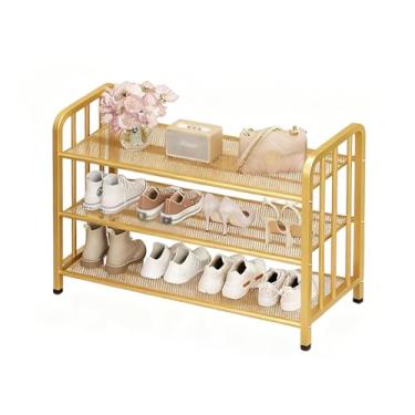 Imagem de SPXMQSS Sapateira de pé livre, suporte de metal de 3/4/5 andares, prateleiras ajustáveis, organizador de armazenamento de sapatos, armário aberto para entrada, corredor, dourado, 3 níveis 80 x 28 x 55