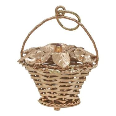 Imagem de Pingente Vintage Cesta De Flores Ouro 18k Com Rubi Suiço Rose - Mv Joa