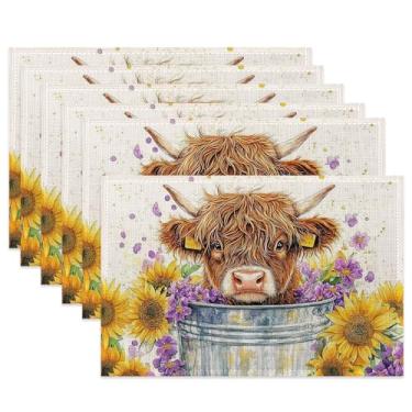 Imagem de Jogo americano de pano, jogo americano de tecido de vaca Highland, conjunto de 6, tapetes de mesa de girassol rústicos laváveis, tapetes decorativos para jantar, casa, cozinha, festa de férias 29 x 44