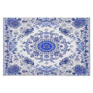 Imagem de Wassud Tapete de porta floral azul branco 61 x 89 cm, tapete de área lavável antiderrapante com suporte de borracha, tapete macio e macio para sala de estar, quarto, entrada, entrada