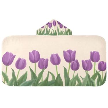 Imagem de Burbuja Toalha de banho com capuz tulipas roxas para crianças, toalha de praia de pelúcia macia absorvente para chá de meninas e meninos 3-10 anos, 61 x 127 cm