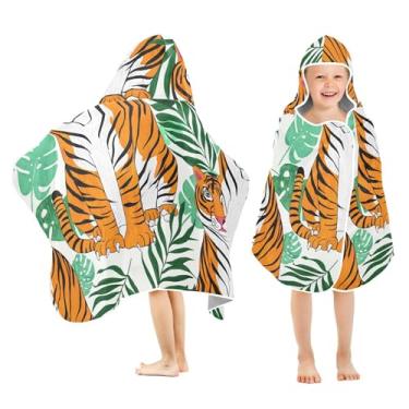 Imagem de Burbuja Toalha de banho com capuz de folhas tropicais Tigers para crianças, toalha de praia de pelúcia macia absorvente para meninas e meninos 3-10 anos, 61 x 127 cm