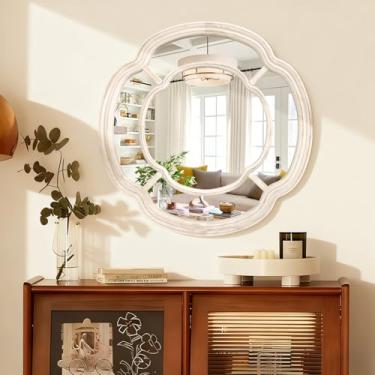 Imagem de Lzuso Espelho branco irregular, círculo ondulado montado na parede, espelho grande, moldura de madeira, Mirros decorativos para entrada, sala de estar, vaidade e quarto, decoração de casa de 50 cm
