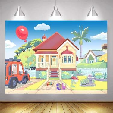 Imagem de Pano de fundo de casa de cachorro com desenho animado, céu azul, fundo de fotografia de aniversário para festas, lembrancinhas de artigos de festa de feliz aniversário, 19 x 1,5 m