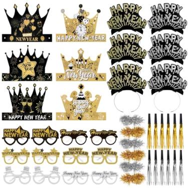 Imagem de 42 peças de artigos de festa de ano novo 2026, inclui chapéus de feliz ano novo, coroas de papel, tiara de cabeça, óculos de papel, grinalda, para decorações de festa de feliz ano novo 2026