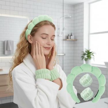 Imagem de Conjunto de faixa de cabeça e pulseiras de spa para lavar o rosto - faixa de cabelo macia de spa, faixas de cabelo de maquiagem para cuidados com a pele para pia de banheiro