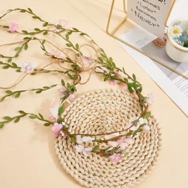Imagem de Tiara de coroa de flores rosa pérola boho floral com folhas, fita de videira, guirlanda de cabelo embrulhada para artesanato para mulheres, acessórios de festa de casamento, decoração de festival de