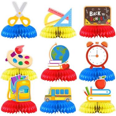 Imagem de LANGFON 9 peças de centro de mesa de colmeia de volta às aulas livros régua tema escolar primeiro dia de escola centro de mesa de favo de mel para sala de aula, casa, volta às aulas, decoração de mesa