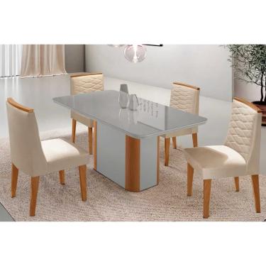 Imagem de Sala Jantar Mesa Pietá Tampo c/ Vidro Curvo 120cm+4 Cadeiras Maldivas Naturale/Off White - Suede Creme - Rufato