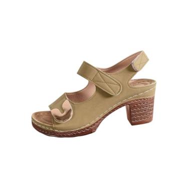 Imagem de Sandália feminina com fivela de metal boca de peixe bico aberto salto casual primavera verão confortável salto grosso, Marrom, 35