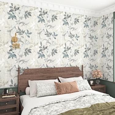 Imagem de EPPKILY Papel de parede de folha cinza descasque e cole papel de contato floral cinza vintage papel de parede botânico autoadesivo removível para paredes armários de quarto forro de prateleira