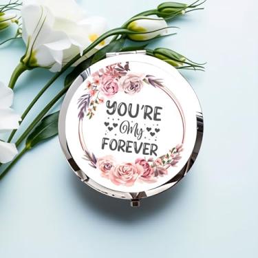 Imagem de Espelho compacto prateado, espelho de maquiagem dobrável dupla face de 7 x 7 cm com design floral To My Wife, presente ideal para mulheres