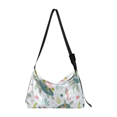 Imagem de Lindos unicórnios diamantes rosa bolsas de couro Hobo bolsa grande transversal estampa animal bolsa de ombro simples, Tartaruga marinha marinha