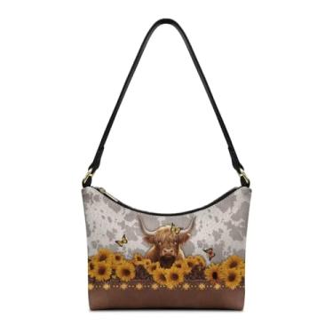 Imagem de BYOXPUVI Bolsa de ombro feminina de couro PU, bolsa Hobo, axila, com zíper, bolsa de ombro portátil para mulheres, Borboleta de vaca marrom e girassol, 9.45x2.95x7.68 inches