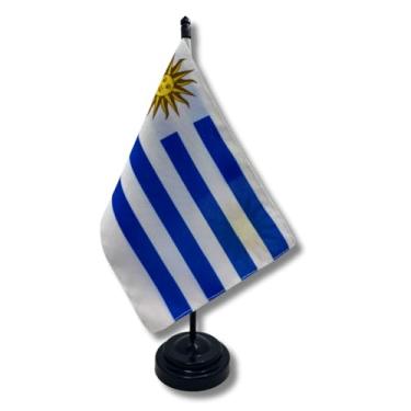 Imagem de Bandeira de Mesa Uruguai, Decorativa, Dupla Face, Multicolorido, 19x13cm, Base Preta, Escritório e Eventos, Tecido Oxford, 26cm Altura
