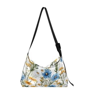 Imagem de GAIGEO Bolsa transversal grande de couro aquarela azul e folhagem dourada, bolsa tiracolo de couro sintético, bolsa de ombro de couro, Flor azul e branca - 1, One Size