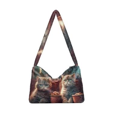 Imagem de Lindo dragão com bolsa de pelúcia vermelha e azul, bolsas femininas para livros, bolsas de outono, Dois gatos assistindo a um filme e pipoca, One Size