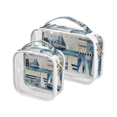 Imagem de GAIGEO Vaca verde com bolsa de maquiagem verde quadriculada transparente, bolsa de higiene pessoal transparente, acessórios de viagem cosméticos, Veleiro náutico azul vintage, one size